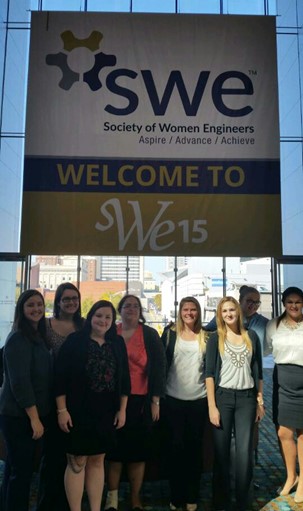 Left: B-section members from left to right Emily Storrer, Angela Swain, Janna VanOvermeer, Faculty Advisor Dr. Diane Peters, Amy Allison, Hannah Fox, Erika Beursken and Gabrielle Armstrong at the SWE 2015 Conference (not pictured: SWE member Mellisa Tipton, who was also an attendee).