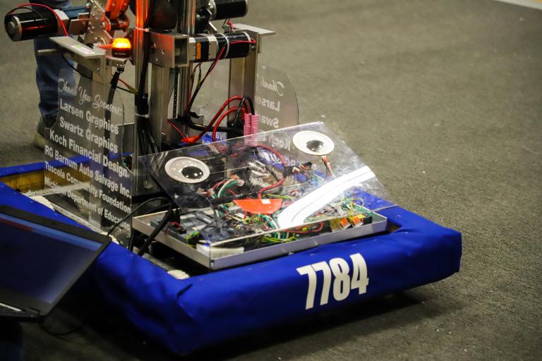 A robot at the FIRST Robotics competition at Kettering University.