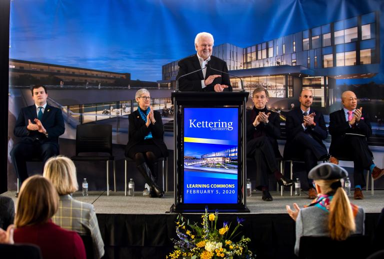 Dr. Gary Cowger '70 speaks at the Learning Commons groundbreaking ceremony at Kettering University.