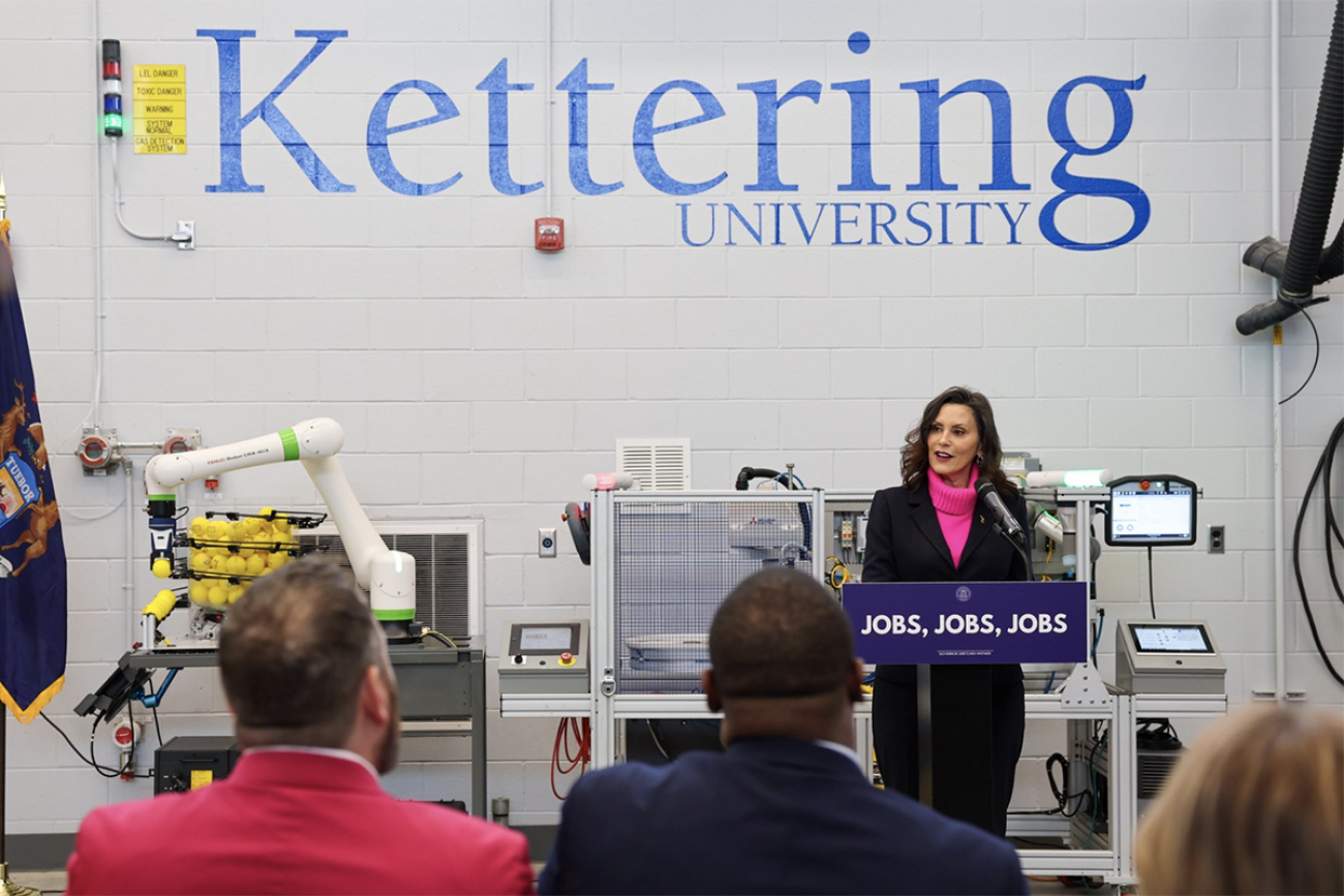Gov. Whitmer Stands At Podium Highlighting Michigan’s Semiconductor Future in Visit to Kettering University