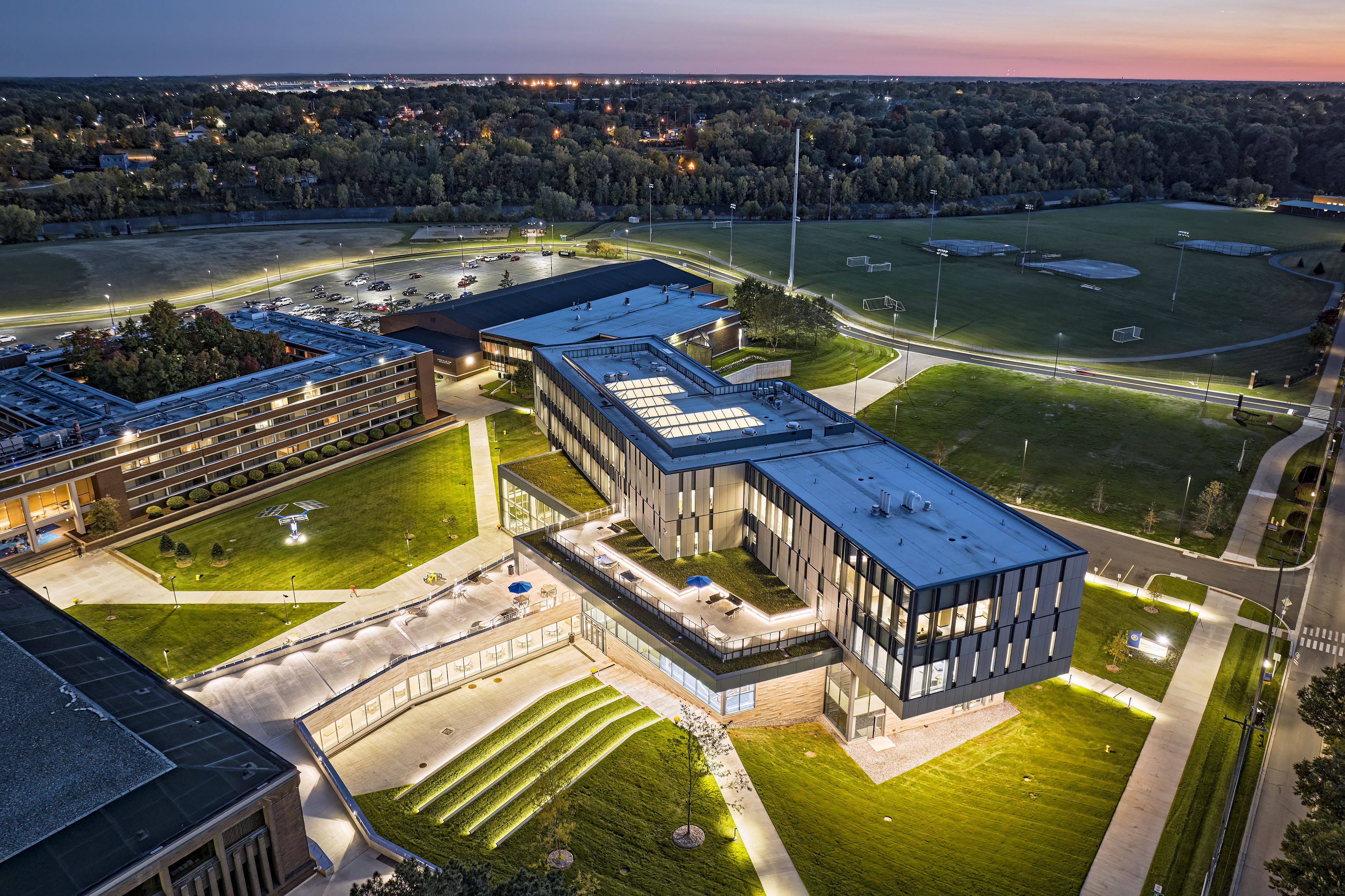 Exterior of Kettering University's Learning Commons at Night