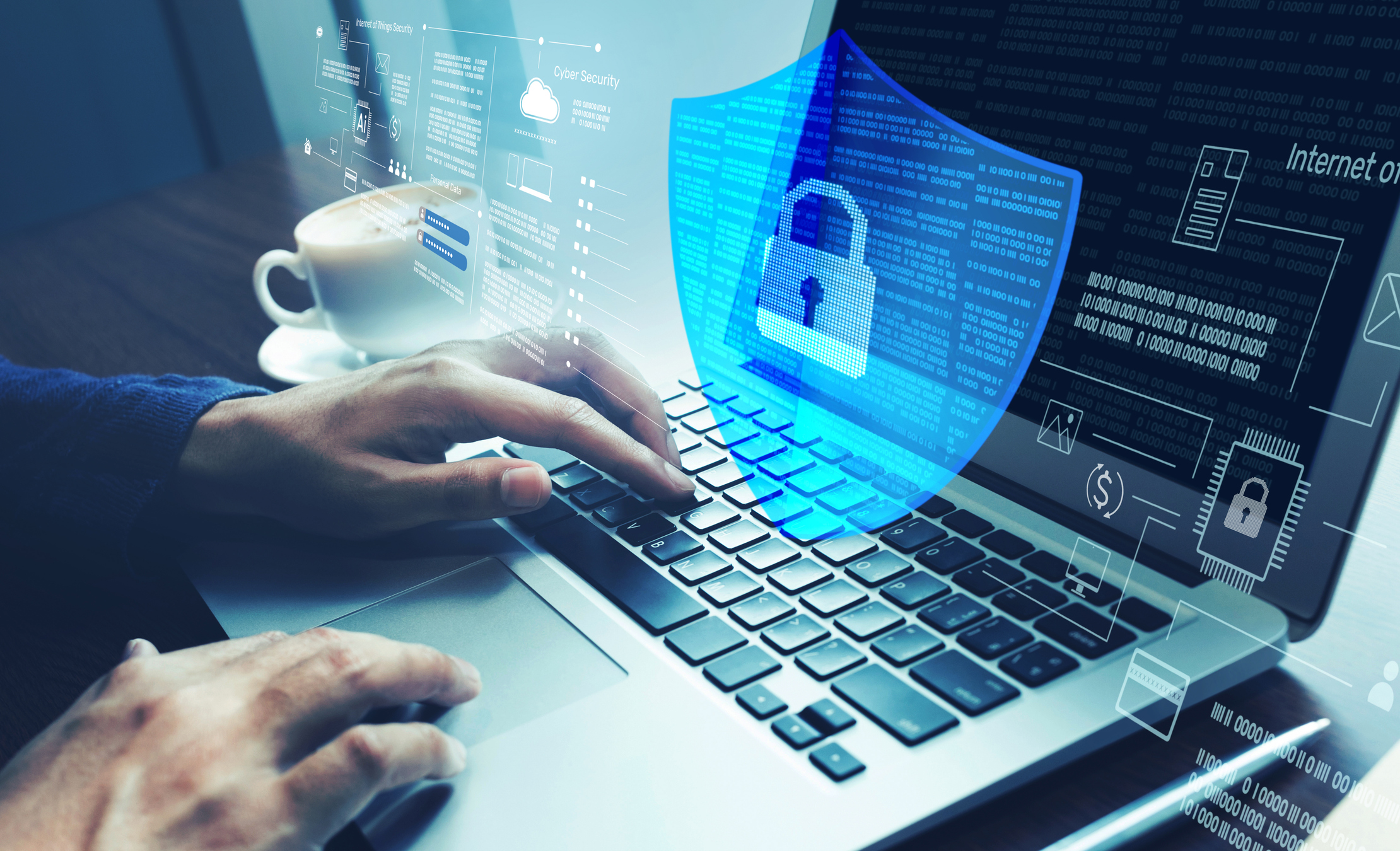 A computer user types, as they secure their computer. A superimposed lock, symbolizing cyber protection, floats above the user's keyboard. 