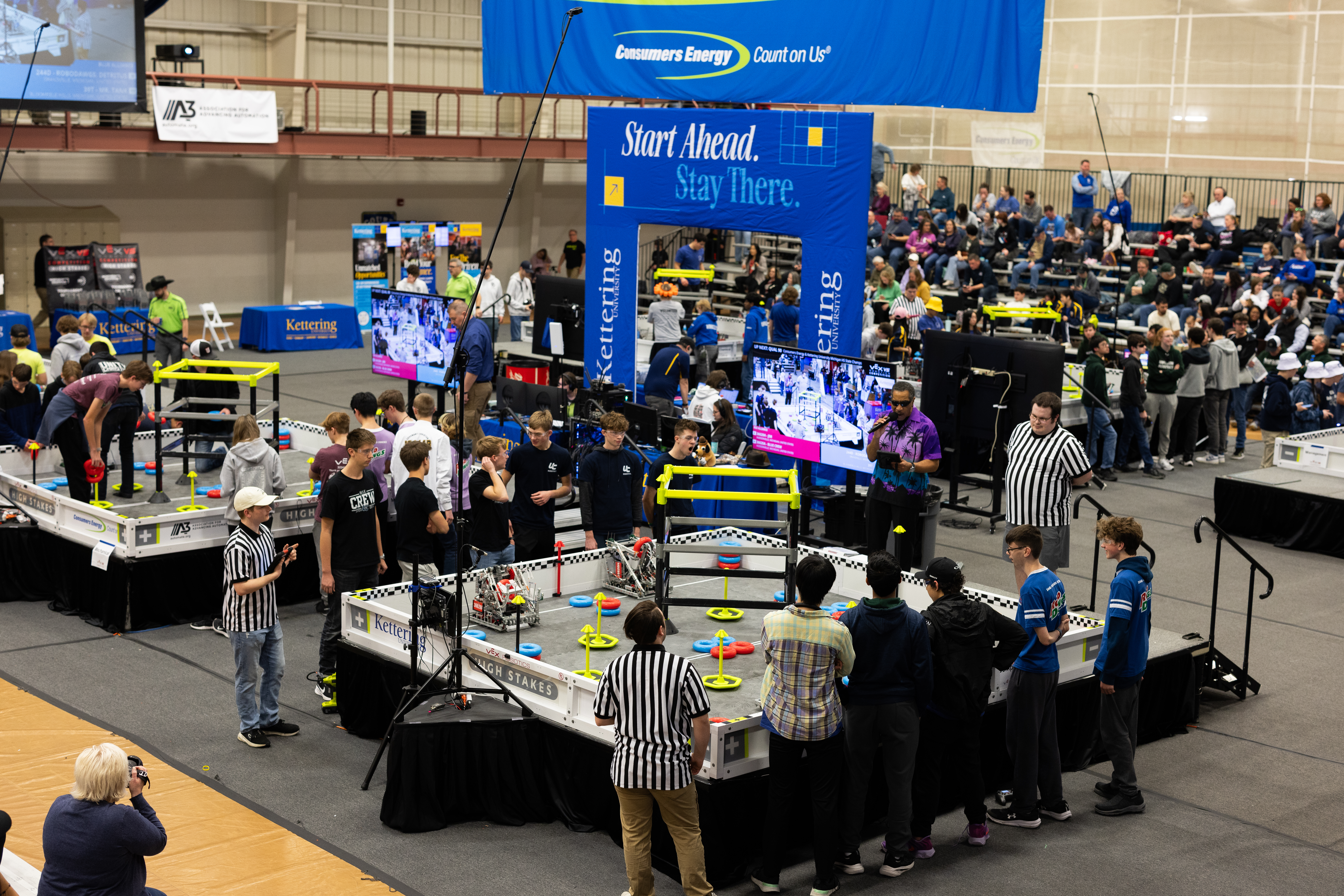 A view of students competing at a FIRST Robotics Tournament inside the Kettering University Recreation Center. 