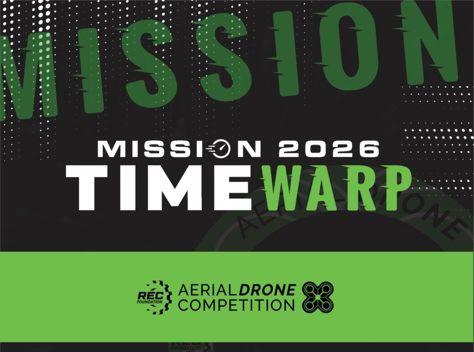 The Cover Image for this year's RECF Aerial Drone Competition. It reads "Mission: 2026 Time Warp" with the RECF Aerial Drone Logo centered beneath. 