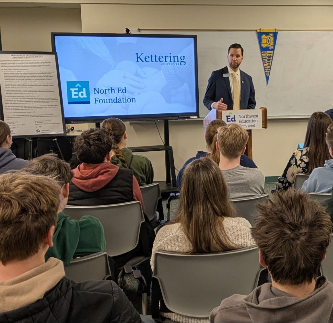 Matt Fortescue, director of enrollment at Kettering University, speaks during an event Wednesday, March 11, 2026, at Northwest Education Services (North Ed) Career Tech in Traverse City. The event was held to announce a new partnership between the Flint-based university and North Ed Career Tech that provides $25,000 scholarships to Career Tech students who enroll at Kettering University following graduation. 