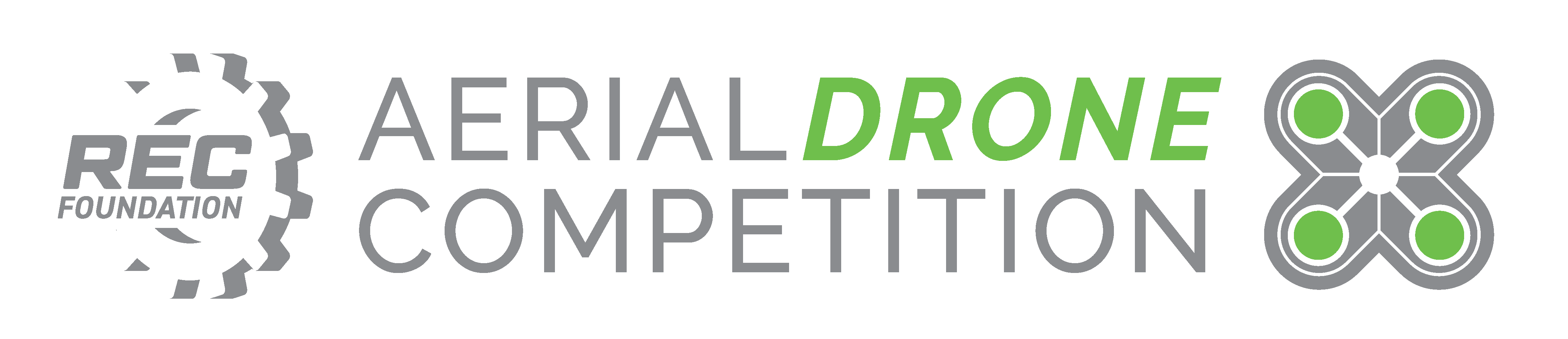 Horizontal logo for the REC Foundation Aerial Drone Competition. The REC Foundation logo is to the right and stylized four-rotor drone icon in gray and green appears to the left of the words “AERIAL DRONE COMPETITION,” with “DRONE” highlighted in green and the remaining text in gray against a black background.