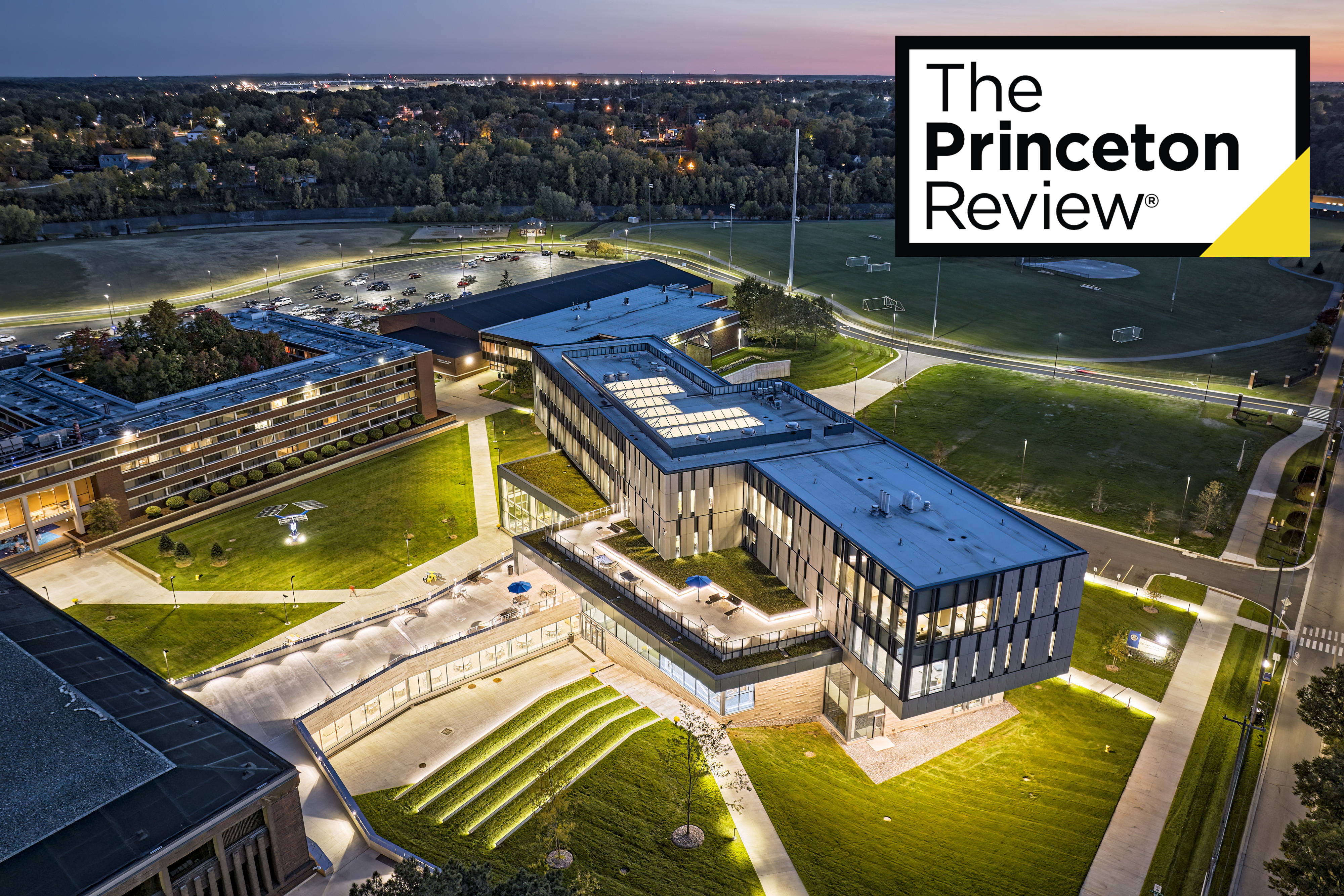 A drone shot from outside of Kettering University's Learning Commons, with a Princeton Review Logo in the top right corner. 