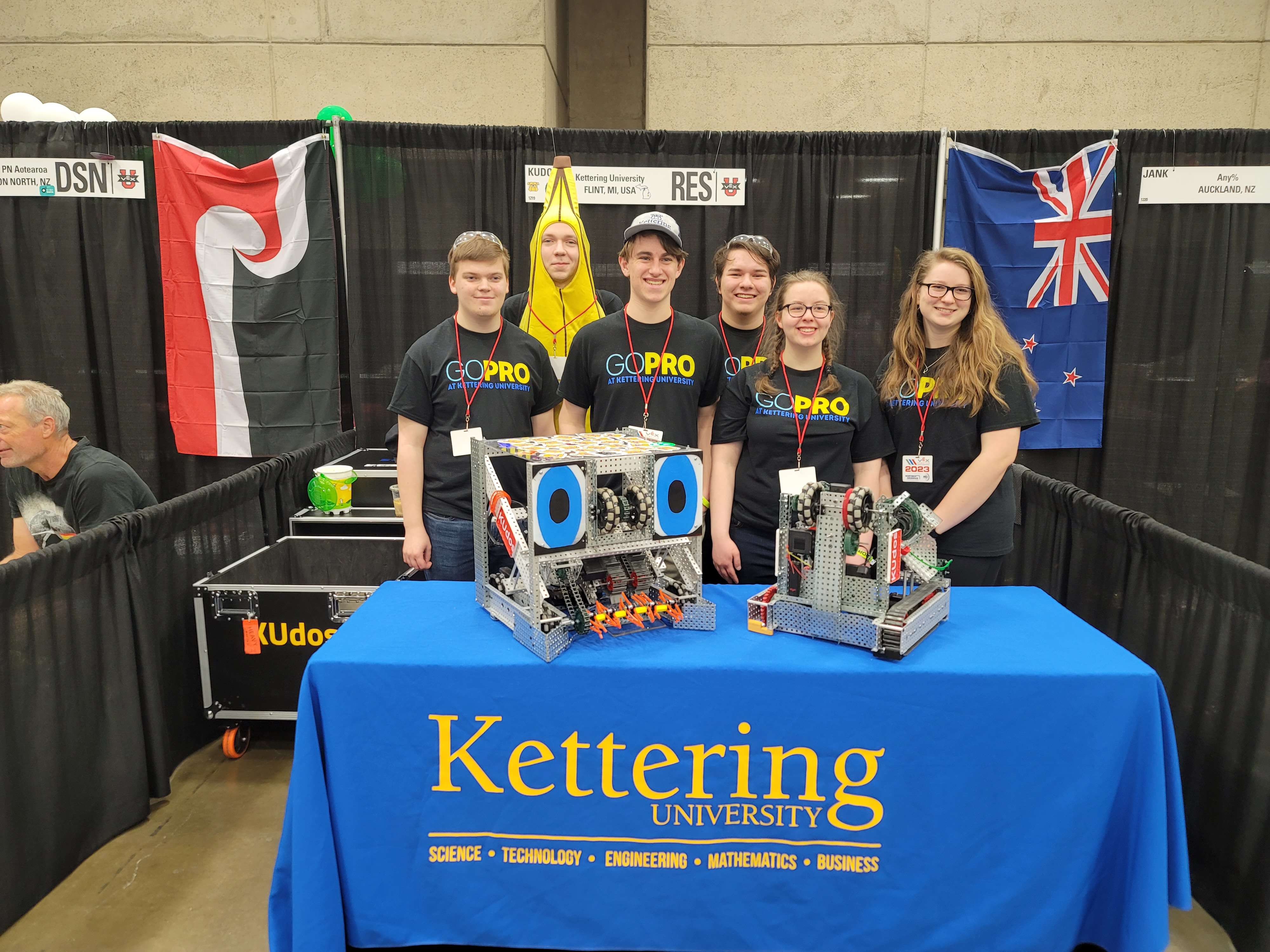 Kettering University's VEX U team with their robots at Worlds.