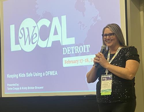 Kettering University Mechanical Engineering Professor of Practice Kristy Brinker Brouwer presenting at the SWE WE Local Detroit 2023 Conference.
