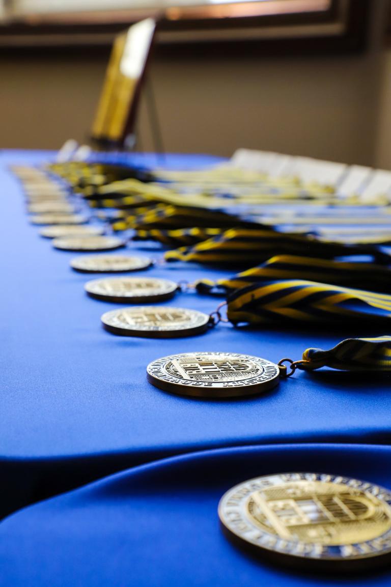 Medals displayed on a table
