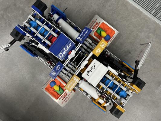 A view of the KUdos Robotics team's robot pair, Luigi and Guido, named after the mechanics from the movie Cars.