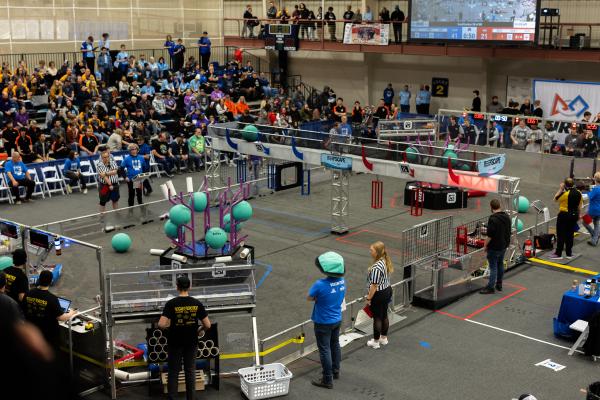 A view from the interior balcony of the Connie and Jim John Recreation Center, on the Kettering University Campus, during FIRST Robotics District Competition. 