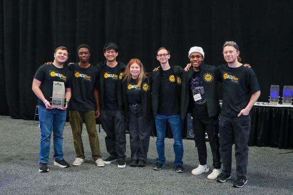 KUdos, the Kettering University robotics team, poses with their  Innovate Award at VEX Worlds