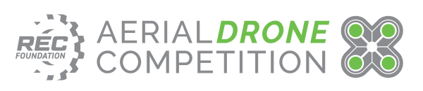 Horizontal logo for the REC Foundation Aerial Drone Competition. The REC Foundation logo is to the right and stylized four-rotor drone icon in gray and green appears to the left of the words “AERIAL DRONE COMPETITION,” with “DRONE” highlighted in green and the remaining text in gray against a black background.