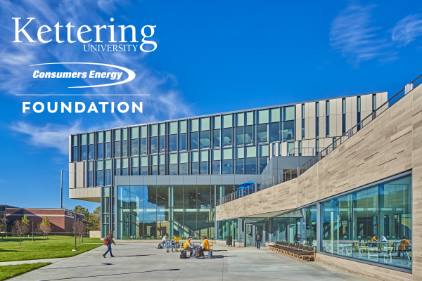 The Kettering University Learning Commons During the day, with the Kettering University Logo and Consumers Logo in the top left corner. 